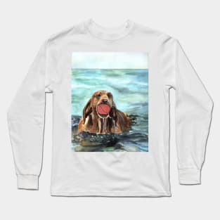 Dog with Ball in the Water Watercolor Art Long Sleeve T-Shirt